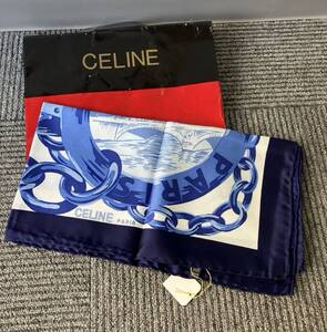 #1180 【新品】CELINE セリーヌ 大判スカーフ 白 ブルー シルク スカーフ 服飾小物 現状品