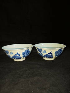 ▽鴻▽ 清 康熙年製款 古陶瓷品 青花 山水紋 茶碗一對 置物 古賞物 中国古玩 中国古美術