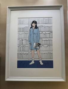 kj★額装品★ 江口寿史 本棚 美女 美人画 A3サイズ額入り ポスター風デザイン 貴重イラスト 漫画 /ひばりくん パイレーツ ワイン