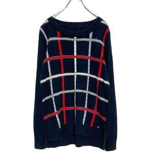 TOMMY HILFIGER コットン混紡 ニット セーター L～ ネイビー トミーヒルフィガー ケーブル 格子 古着卸 アメリカ仕入 a609-7074