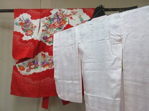 1円 良品 正絹 女児 子供着物 縮緬 七五三 和装 和服 産着 襦袢セット 絞り 草花 花柄 高級 袷 身丈99cm【夢職】★★★