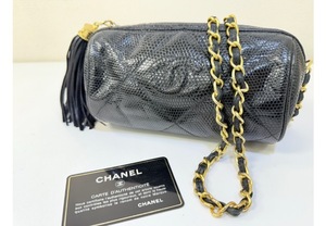 送料無料　正規品　CHANEL　シャネル　チェーンショルダー　ポーチ　フリンジ　リザード　マトラッセ　０番台　ココ　ゴールド金具