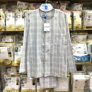 【新品】夏涼 ●Ｌサイズ ●グンゼ 紳士●抗菌防臭 前開き えりなし パジャマ ●送料無料 ●夏長袖 ●シボ楊柳 綿100％ ●GUNZE クレープ 