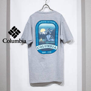 M / Columbia コロンビア コットン 半袖 Tシャツ 背面 グラフィック プリント グレー 灰色 キャンプ アウトドア 古着 アメカジ メンズ