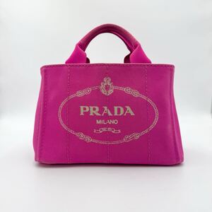 1円〜 美品 PRADA プラダ カナパ ハンドバッグ トートバッグ キャンバス デニム 三角 ロゴ プレート デカロゴ ジャガード ピンク 