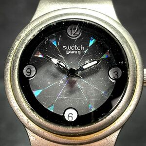 SWATCH スウォッチ 腕時計 アナログ クオーツ 3針 ブラック文字盤 レザーベルト ブラウン ラウンド 新品電池交換済み 動作確認済み