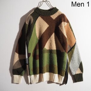 C2943P　▼sacai サカイ × KAWS カウズ▼　21AW Jacquard Knit ピリング加工 サイドジップ ウールニット カーキ 1 21-02579M 秋冬 rb mks