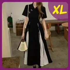 XL ロングワンピース チャイナ服　チャイナドレス　半袖 バイカラー　フレア 黒