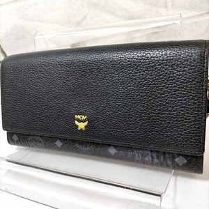 17 Φ 【 MCM 】 エムシーエム ロゴメタル ゴールド金具 レザー 長財布 ウォレット 小銭入れあり 10カードポケット 黒系 商品ランクB 