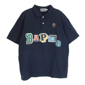 A BATHING APE アベイシングエイプ 猿 ワッペン BAPE ロゴ 半袖 ポロ シャツ ネイビー系 L【中古】