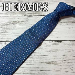 HERMES エルメス　ネクタイ　総柄　ブルー　旧タグ　希少品　ハイブランド　スーツ　結婚式　パーティー　ビジネス　ブルー