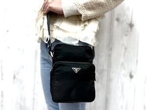 美品 PRADA プラダ テスート ショルダーバッグ サコッシュ バッグ ナイロン×レザー 黒 メンズ 79824