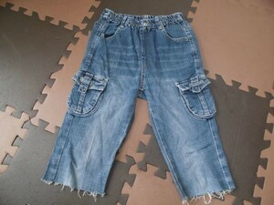 assk798☆　キッズ/子供服　■■裾切りっぱなしジーンズ■■　ズボン　ウエストゴム　ブルー系　サイズ140　綿混素材