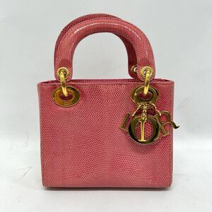 1円 ディオール レディディオール ミニ リザード レッドピンク ハンドバッグ Dior 赤 ピンク レッド