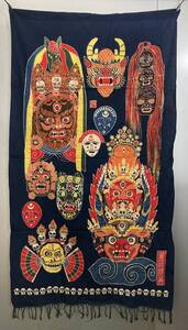 雲南省か貴州省の藍染め仏教画タペストリー（魔除け）USED Tapestry Buddhist Art Buddhism ①