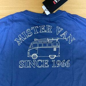 L ミスターヴァン MR.VAN 新品 半袖Tシャツ トップス　 青灰 本体綿100% タイプ2風バックプリント ワーゲンバス 旧車 メンズ アウトドア