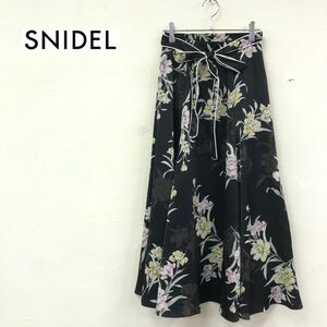 1N1018-K◆美品 SNIDEL スナイデル フレアロングスカート◆タグ付き定価12,500円 size0 ブラック 花柄 薄手 ウエストリボン ポリエステル