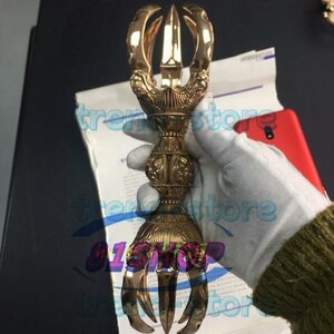 密教法具 寺院用仏具 鬼面型 金剛五鈷杵 銅製磨き仕上げ 長さ23cm