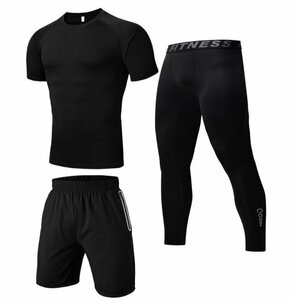 トレーニングウェア 　3点セット　メンズ　 スポーツウェア ランニングウェア　通気防臭 半袖シャツ ハーフパンツ タイツ
