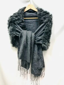 qof.YMM03　Thermo Cashmere　カシミヤマフラー　FOXファー　グレー　フリンジ付き