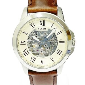 【1円スタート】FOSSIL フォッシル ME3099 スケルトン SS×革ベルト アイボリー系文字盤 自動巻き メンズ腕時計 352882