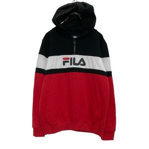 FILA ハーフジップ ロゴスウェット パーカー 150～ キッズ レッド ブラック フィラ プルオーバー 裏起毛 古着卸 アメリカ仕入 a607-5247