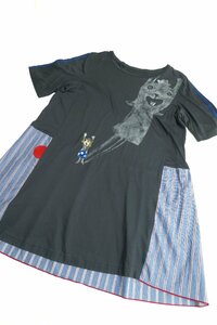 ☆美品☆アルベロベロ/洗えるコットン混切替女の子刺繍＆プリント半袖チュニック：灰系nj543