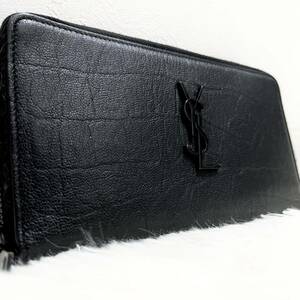 1円 極美品 サンローラン Saint Laurent クロコ 長財布 オーガナイザー レザー YSL カサンドラ ブラック 黒 ロゴ 金具 ラウンドジップ