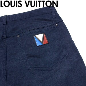 LOUIS VUITTON ルイヴィトン ガストンV レザーパッチ ストレッチ パンツ FR 40 USA 30 ネイビー