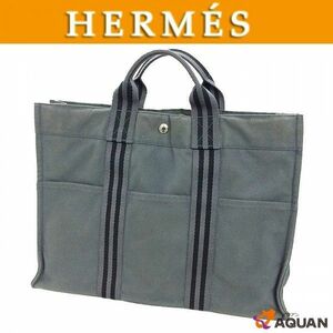 HERMES エルメス フールトゥMM トートバッグ キャンバス グレー 男女兼用 aq8429