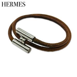 HERMES　エルメス トゥルニス レザー シルバー 2連 ブレスレット アクセ ブラウン