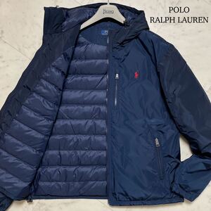 美品/XL相当★ ポロ ラルフローレン POLO RALPH LAUREN ダウンジャケット パーカー フード ブルゾン 大きいサイズ ポニー刺繍 ネイビー 紺