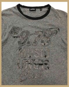 1737●DIESEL ディーゼル●9.78 MUSIC LOVERS Clubプリント ダメージ加工 コットン 半袖 リンガー Tシャツ グレー×ブラック S