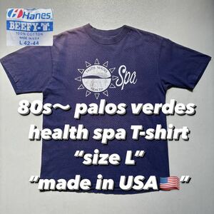 80s〜 palos verdes health spa T-shirt “size L” “made in USA” 80年代 90年代 フェード紺 ナス紺 雰囲気系 半袖 Tシャツ Tee