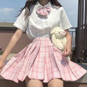 新品未使用 大きいサイズ XL 制服 コスプレ衣装 学生服 コスプレ 3点セット ピンク チェック 半袖