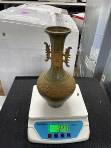 (中古)瑞峰造 高岡銅器 蟹彫刻 銅花瓶