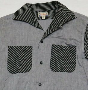 LS18ドライボーンズDRY BONES古着オープンシャツ長袖シャツ切り替えボックスシャツ日本製ロカビリーROCKストライプｘグレー系Ｓオールド