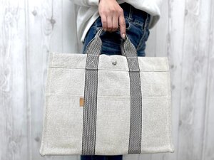 極美品 HERMES エルメス ニューフールトゥMM トートバッグ ハンドバッグ バッグ キャンバス グレー×黒 A4収納可 メンズ 80488Y