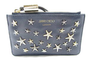 T1469☆ジミーチュウ JIMMY CHOO スタースタッズ キーフック付きコインケース / 小銭入れ ネイビー MADE IN BULGARIA 中古品【服飾小物】