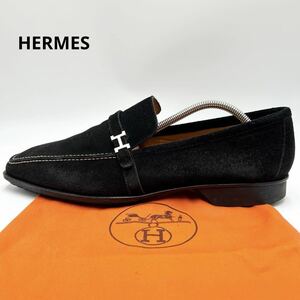 1円 【未使用級】 HERMES エルメス 【王者の貫禄】 Hロゴ メンズ ビジネス モカシン ローファー シューズ 靴 スエード ブラック 42 27cm位