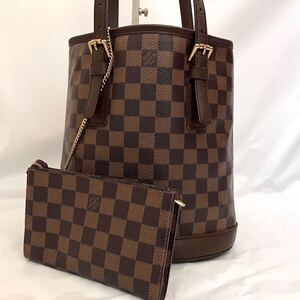 極美品● LOUIS VUITTON 2350 ルイヴィトン ダミエ エベヌ●マレ N42240 ポーチ付き バケツ トート ショルダー 肩掛け ハンドバッグ 1円