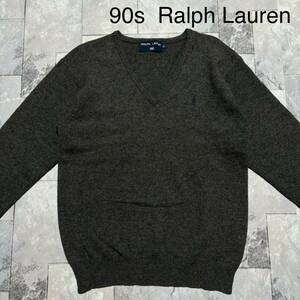 90s Ralph Lauren polo sport ニット セーター Vネック ウール ヴィンテージ インパクト21 ダークグレー レディース サイズM 玉FS1512