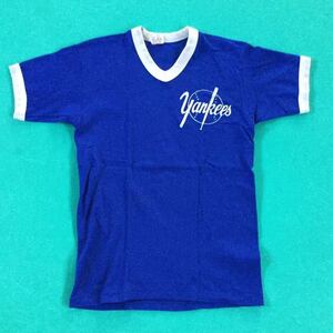 RUSSELL ATHLETIC yankees 70s 80s 金タグ メッシュ Vネック Tシャツ リンガーT トリムT メンズSほど USED ラッセル ヤンキース 送料込