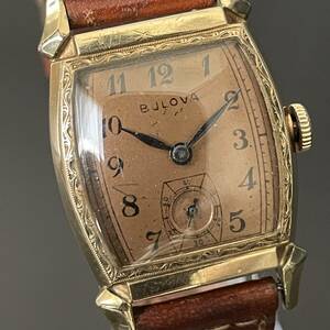 【貴重】ブローバ/Bulova/スクエア/10AX/1940’s/アンティーク/手巻き/ピンクカラー/金張/メンズ腕時計/男女兼用/紳士/動作良好