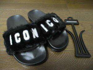 ☆DSQUARED2/ディースクエアード☆未使用 ICONロゴファーサンダル 21 cm EU:33 BLACK×WHITE