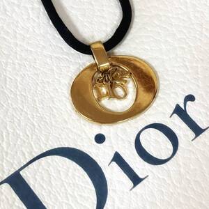 美品 クリスチャンディオール Christian Dior ネックレス ペンダント スウィング ロゴ オーバル サークル ゴールド 黒紐 刻印 金色 314