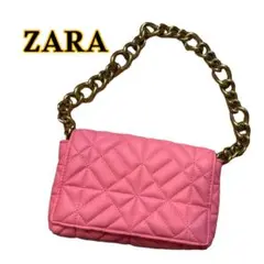 美品 ZARA ザラ キルティング パーティーバッグ ゴールドチェーン×ピンク