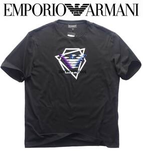 通年物40,000円新品EMPORIO ARMANIアルマーニ★ほんのりルーズ感が洒落ている起毛ベロアロゴの高級感◎黒Tシャツ【欧米XL＝日本XXL】