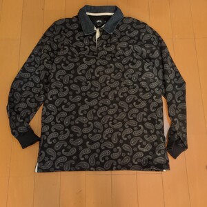  STUSSY ステューシー ペイズリー柄 ラガーシャツ ブラック系美品 長袖ポロシャツサイズM