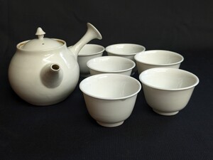 古い 煎茶道具 平安 春峰 白磁 横手急須 煎茶碗 六客 茶碗直径約6.8cm